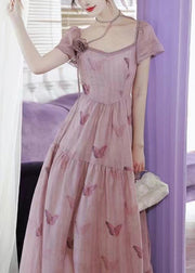 French Pink Square Collar Butterfly Print Chiffon Dress Summer