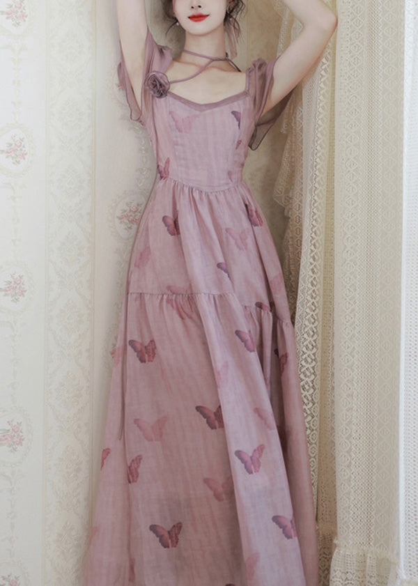 French Pink Square Collar Butterfly Print Chiffon Dress Summer