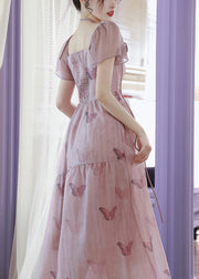 French Pink Square Collar Butterfly Print Chiffon Dress Summer