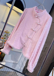 French Pink Stand Collar Button Solid Knit Shirt Spring