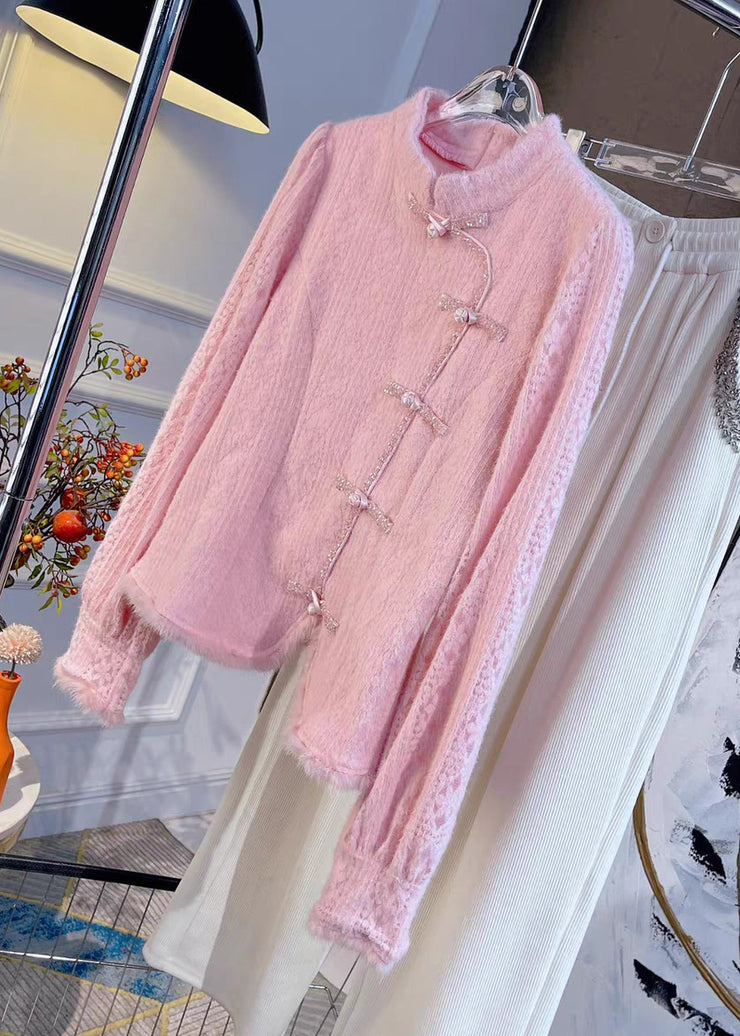 French Pink Stand Collar Button Solid Knit Shirt Spring