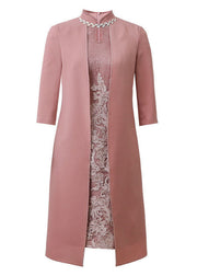 French Pink Stand Collar Embroideried Patchwork Zircon Silk Cheongsam Dresses Long Sleeve