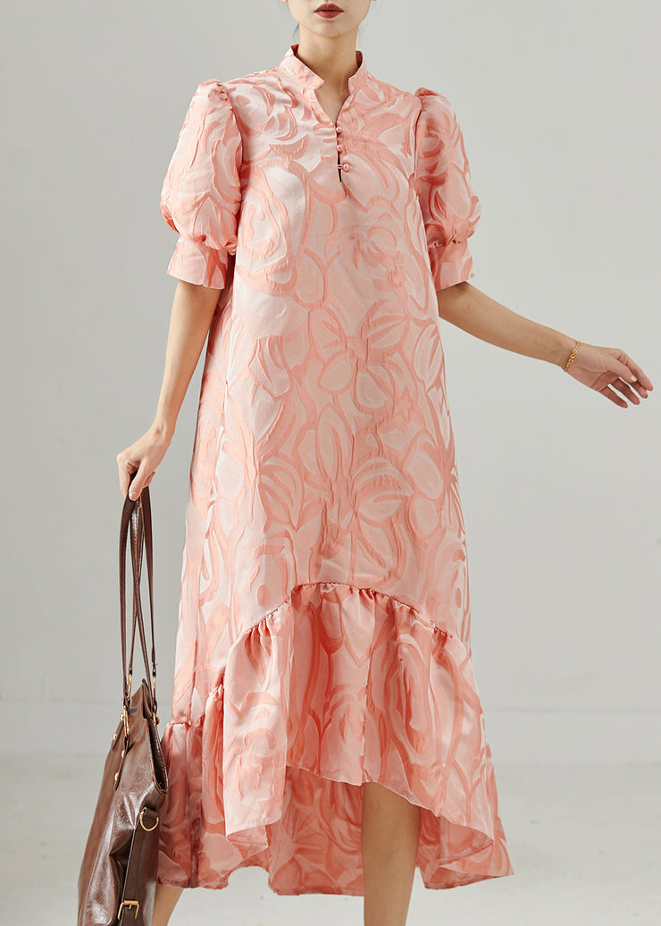 French Pink Stand Collar Jacquard Long Dress Puff Sleeve