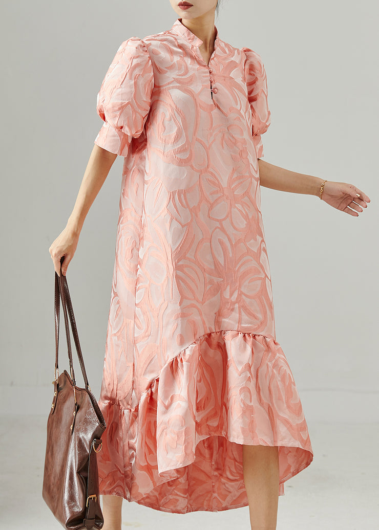 French Pink Stand Collar Jacquard Long Dress Puff Sleeve