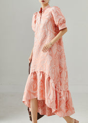 French Pink Stand Collar Jacquard Long Dress Puff Sleeve