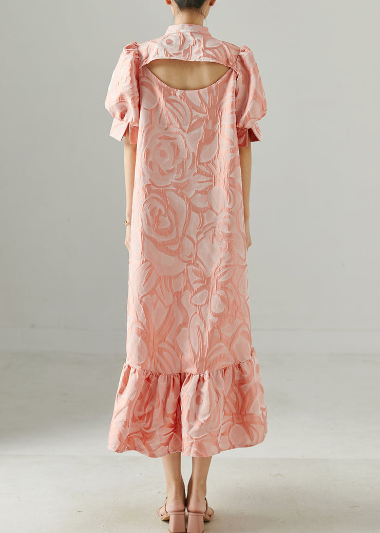 French Pink Stand Collar Jacquard Long Dress Puff Sleeve