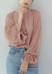 French Pink Stand Collar Patchwork Ruffles Cotton Shirts Puff Sleeve