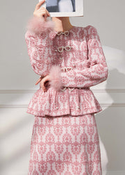 French Pink Tasseled Jacquard Patchwork Cotton Two Pieces Set Fall