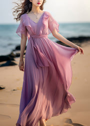 French Pink Tie Waist Patchwork Chiffon Dresses Butterfly Sleeve