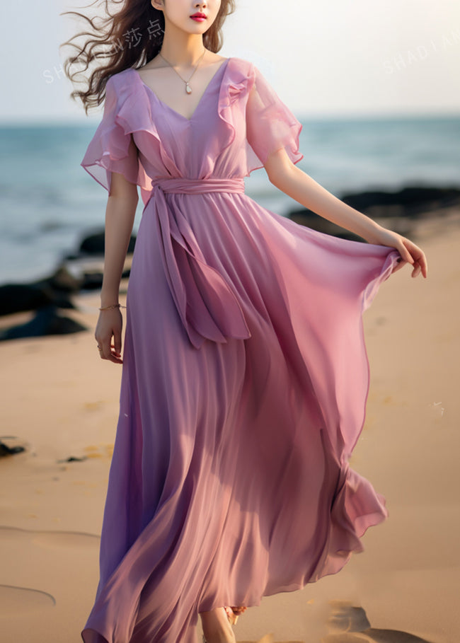 French Pink Tie Waist Patchwork Chiffon Dresses Butterfly Sleeve