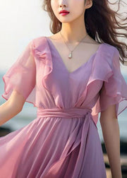 French Pink Tie Waist Patchwork Chiffon Dresses Butterfly Sleeve