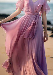French Pink Tie Waist Patchwork Chiffon Dresses Butterfly Sleeve