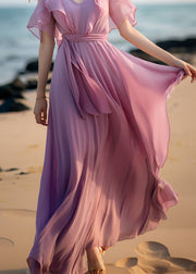 French Pink Tie Waist Patchwork Chiffon Dresses Butterfly Sleeve