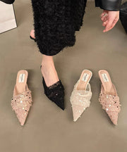 French Pink Tulle Sequins Kitten Slide Sandals Pointed Toe