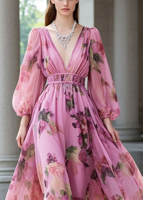 French Pink V Neck Cinched Print Chiffon Party Dresses Fall