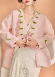 French Pink V Neck Floral Button Woolen Coat Spring