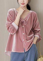 French Pink V Neck Lace Up Velour Blouses Spring