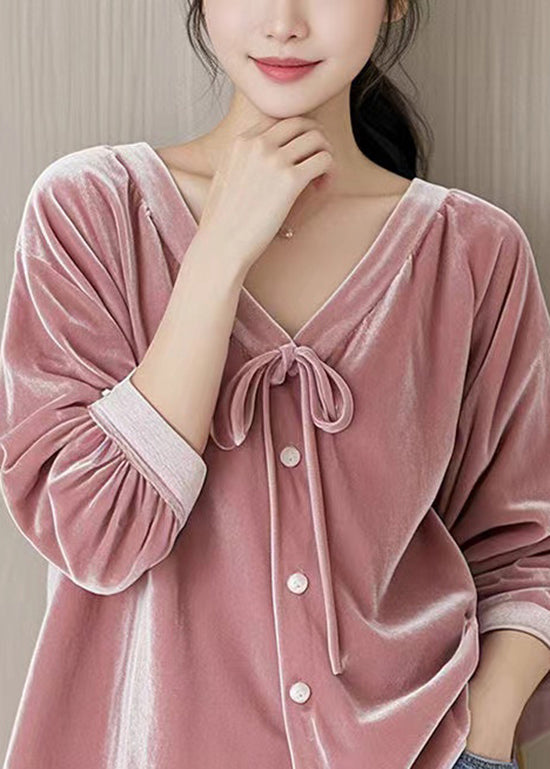 French Pink V Neck Lace Up Velour Blouses Spring