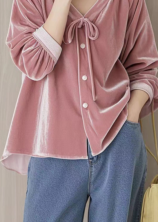 French Pink V Neck Lace Up Velour Blouses Fall