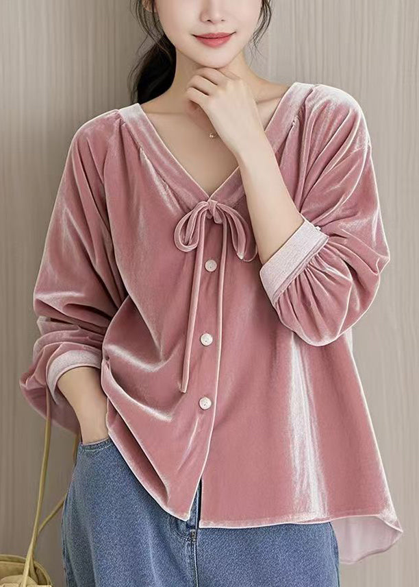 French Pink V Neck Lace Up Velour Blouses Fall