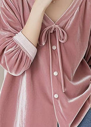 French Pink V Neck Lace Up Velour Blouses Spring