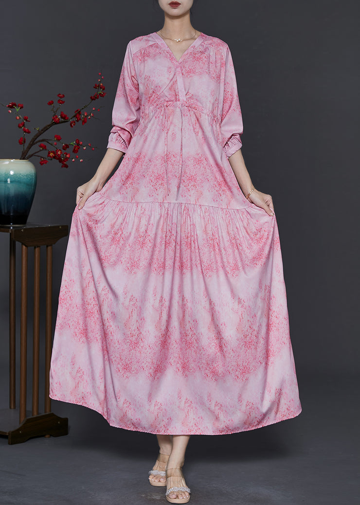 French Pink V Neck Print Chiffon Dresses Fall