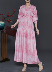 French Pink V Neck Print Chiffon Dresses Fall