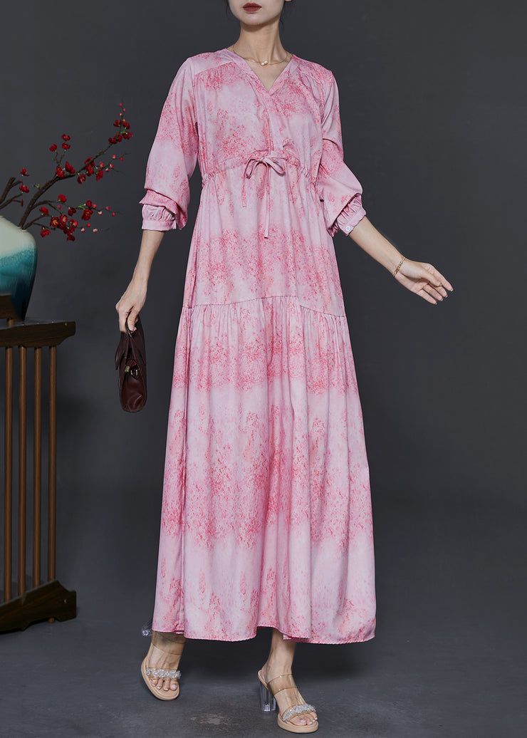 French Pink V Neck Print Chiffon Dresses Fall