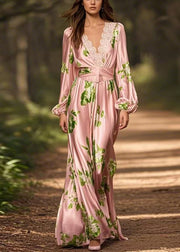 French Pink V Neck Print Silk Maxi Dress Spring