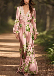 French Pink V Neck Print Silk Maxi Dress Spring