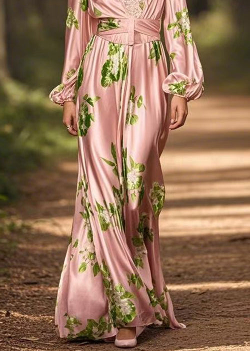 French Pink V Neck Print Silk Maxi Dress Spring