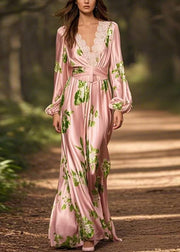 French Pink V Neck Print Silk Maxi Dress Spring