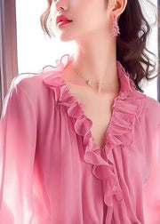 French Pink V Neck Ruffled Chiffon Blouses Bracelet Sleeve