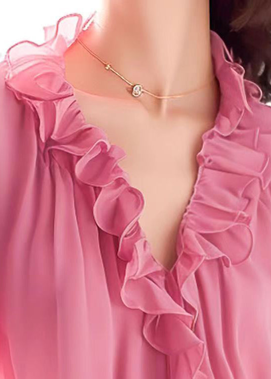 French Pink V Neck Ruffled Chiffon Blouses Bracelet Sleeve