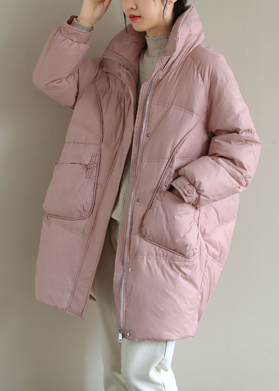 French Pink Zippered Oriental Button Duck Down Puffer Coat Winter