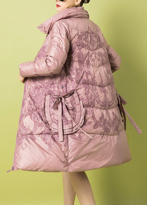 French Pink Zippered Print Pockets Duck Down Coat Winter