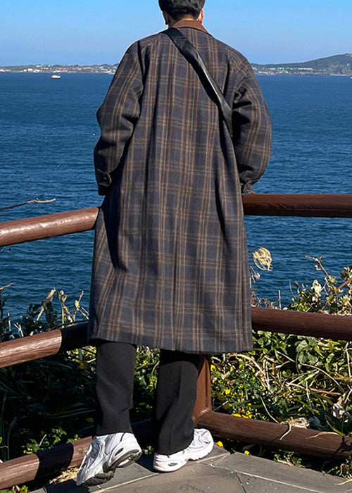 French Plaid Button Pockets Woolen Men Trench Coat Winter