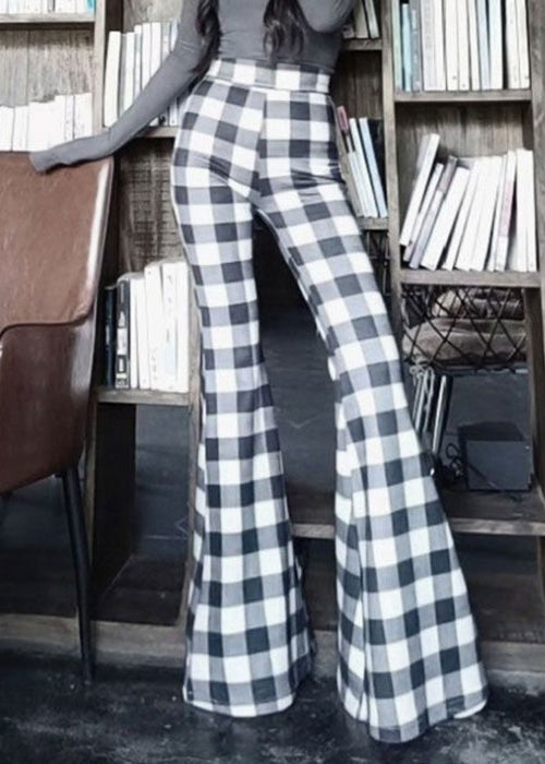 French Plaid High Waist Cotton Flared Trousers Spring