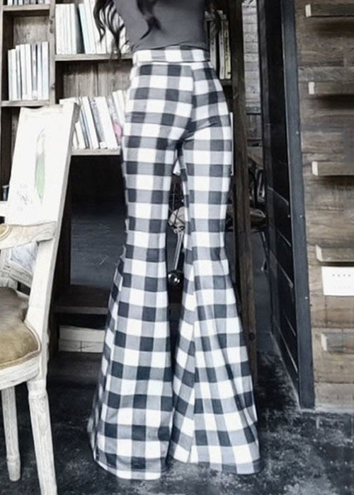 French Plaid High Waist Cotton Flared Trousers Spring