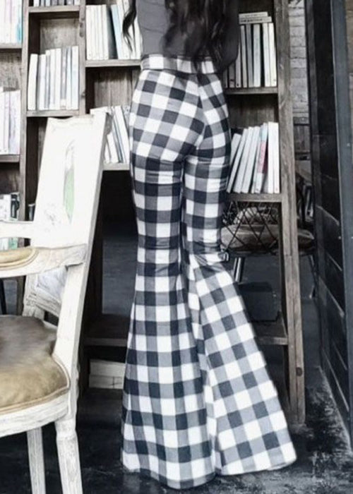 French Plaid High Waist Cotton Flared Trousers Spring