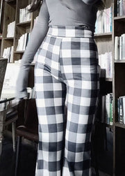 French Plaid High Waist Cotton Flared Trousers Spring