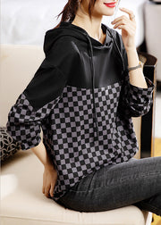 French Plaid Hooded Patchwork Cotton Top Long Sleeve