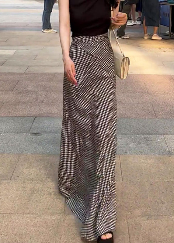 French Plaid Lace Up High Waist Cotton Maxi Skirts Summer