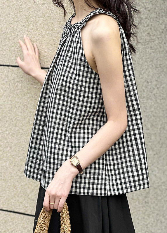 French Plaid O-Neck Cold Shoulder Cotton Top Sleeveless