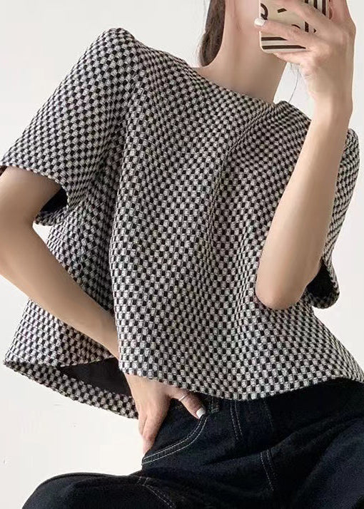 French Plaid O Neck Cotton T Shirts Short Sleeve