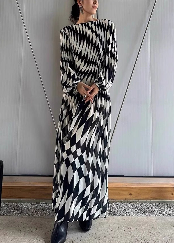 French Plaid O-Neck High Waist Chiffon Maxi Dresses Fall