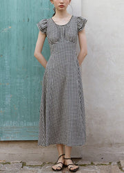 French Plaid O Neck High Waist Cotton Dresses Summer