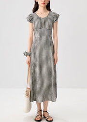 French Plaid O Neck High Waist Cotton Dresses Summer