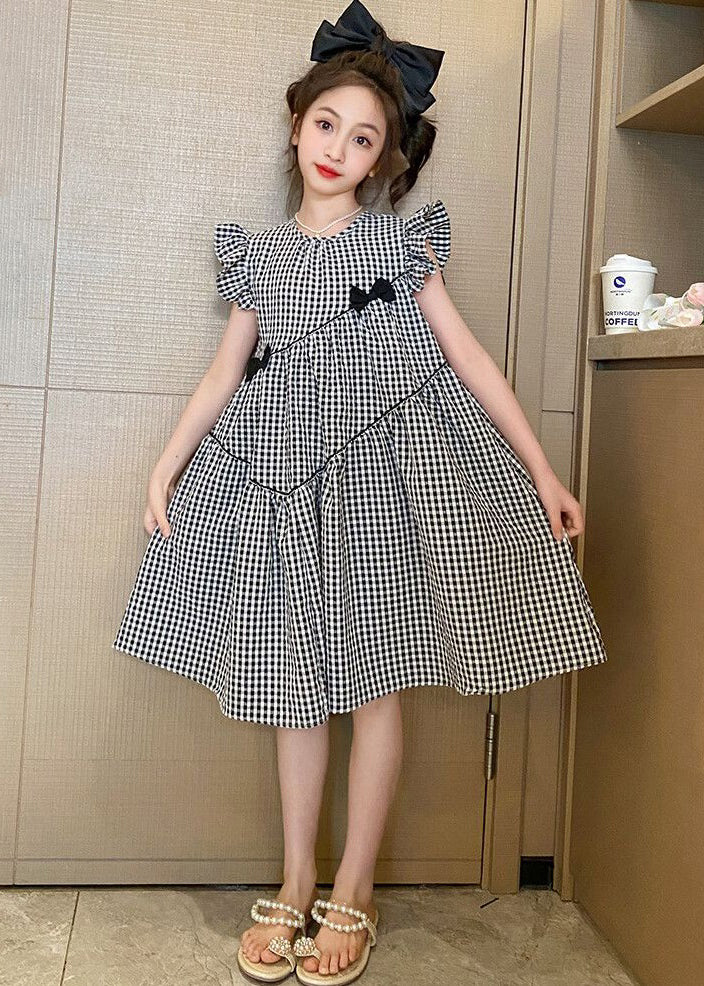 French Plaid O-Neck Patchwork Cotton Girls Dresses Summer