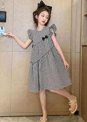 French Plaid O-Neck Patchwork Cotton Girls Dresses Summer